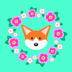 Vector illustration of a Corgi dog in a floral wreath on a blue background
