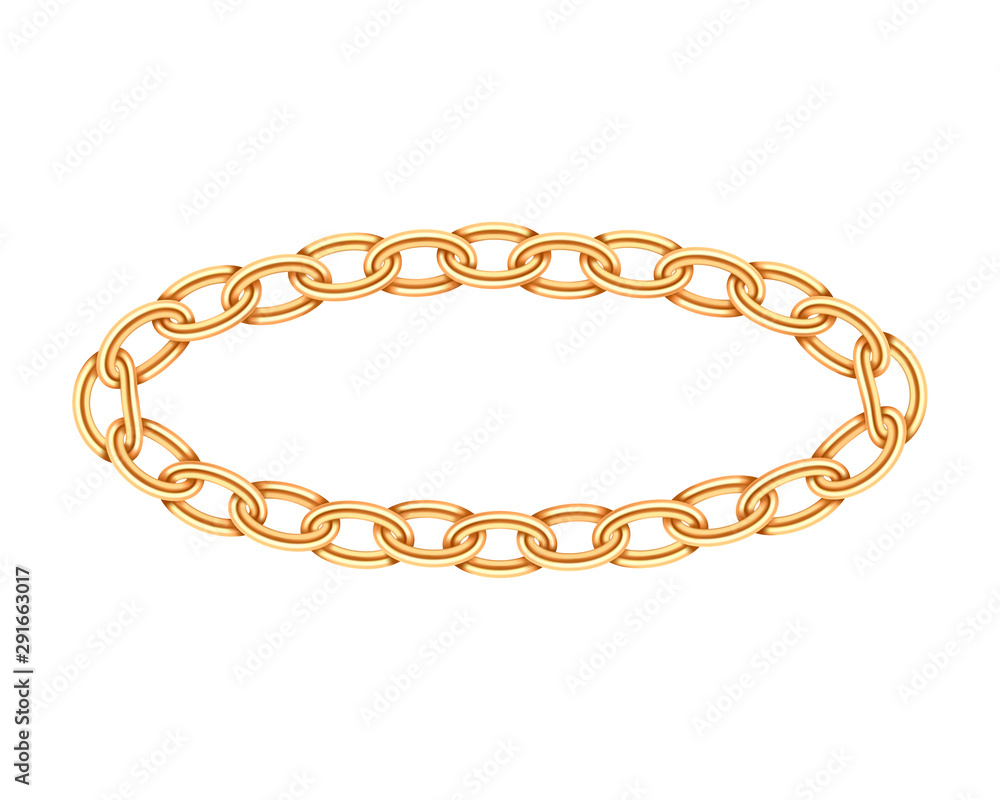 Poster realistic gold circle frame chain texture. golden round chains link isolated on white background. je