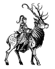 Fototapeta na wymiar Elven knight woman riding a horned deer . 2D illustration .