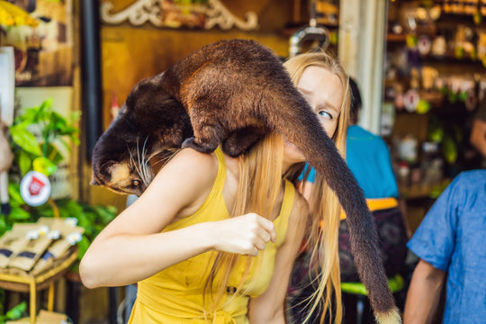 Young woman with musang coffee kopi luwak producer. Bali island