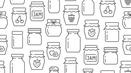 Jam seamless pattern with vector thin line icons. Glass jars with honey, jelly and other canned organic food. Homemade sweet preserves background - obrazy, fototapety, plakaty