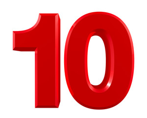 Red numbers 10 on white background illustration 3D rendering