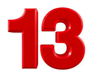 Red numbers 13 on white background illustration 3D rendering