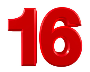 Red numbers 16 on white background illustration 3D rendering
