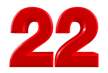 Red numbers 22 on white background illustration 3D rendering