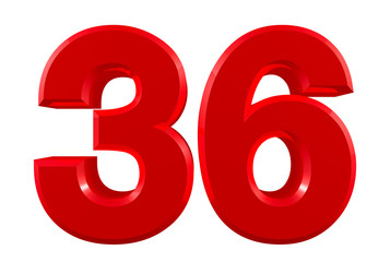 Red numbers 36 on white background illustration 3D rendering - obrazy, fototapety, plakaty