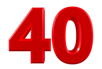 Red numbers 40 on white background illustration 3D rendering