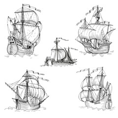 Old caravel, vintage sailboat. Hand drawn vector sketch.
