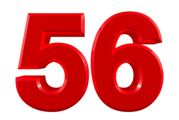 Red numbers 56 on white background illustration 3D rendering