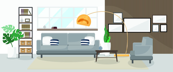 Interior flat design in horizontal, modern living room in grey tone