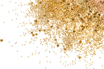 Golden glitter and glittering stars on white background