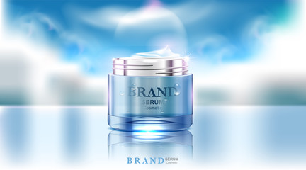 Luxury cosmetic Bottle package skin care cream, Beauty cosmetic product poster, on blue cloudy sky and reflex river background, 3d illustration
