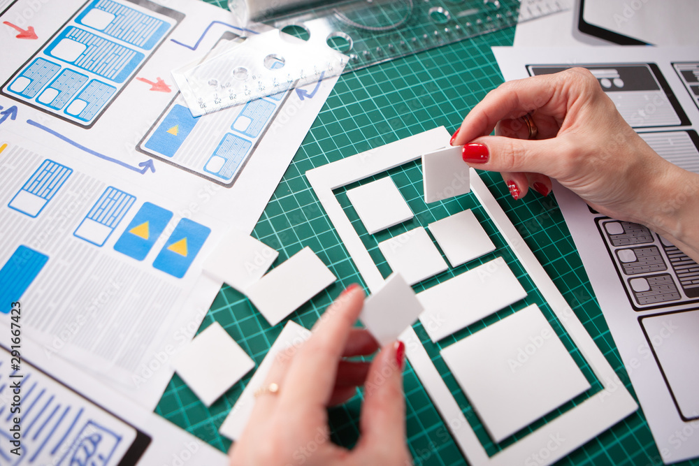Poster ux design. application prototype. phone application designer. the girl thinks what the mobile applic