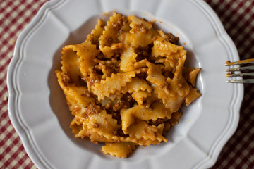 Plate of fresh homemade pasta with meat sauce