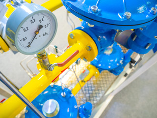 Gas networks. Yellow pipes with gas. Compressor station. Gas pumping station. Tetannaya in production. Compressor station with yellow pipes. Lack of pressure in the pipes. Pressure indicator at zero