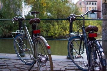 Fototapeta na wymiar Two classic comfort bikes parked in the street with a defocused background of a river and trees
