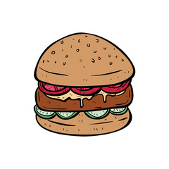 A Delicious Burger With Sketchy or Doodle Style on White Background