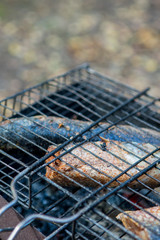 Spiced Mullet Seafood Preparing on Grill Outdoors.