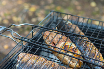 Food Concepts. Closeup of Spiced Mullet Seafood Preparing on Grill.