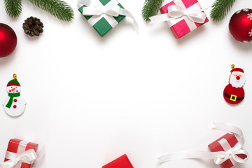 Christmas background with gifts boxes on white background. flat lay with copy space.