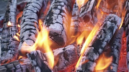 Burning firewood in the fireplace close up, BBQ fire, charcoal background. Charcoal fire with sparks