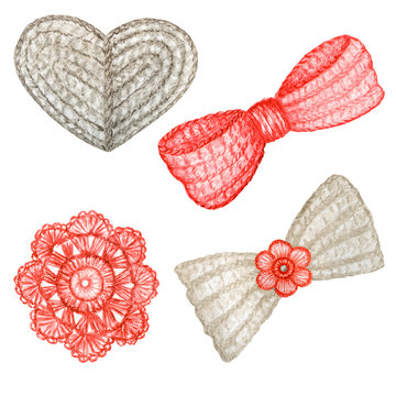 Close up Crochet gray heart, bow, red flower hand made concept. Watercolor Hand drawn hobby Knitting and Crocheting element set on white background.