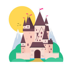Castle with landscape on white background. Cut out illustration with palace, mountains, trees and forest. Vector illustration flat.