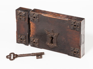 Vintacge lock and key wooden and metal with rust