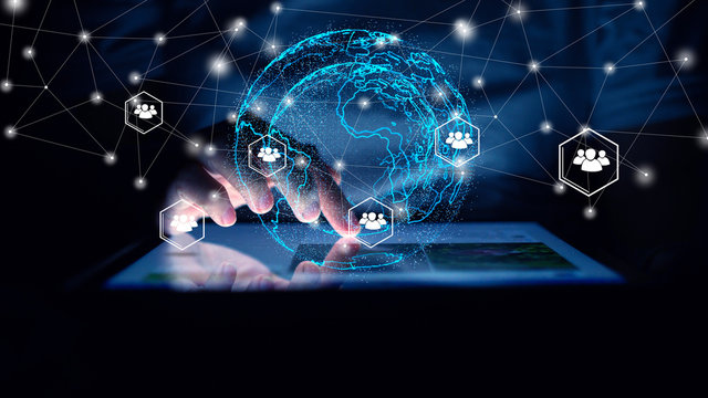 Hand using tablet connecting, Social network concept