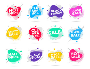 12 Modern liquid abstract flash sale, clearance, black friday, etc. text set flat style design fluid amoeba color vector illustration banners or flyer leflet icon sign.