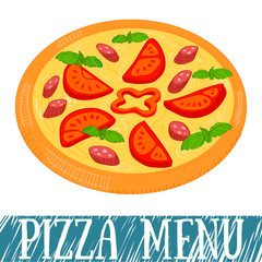 Pizza, italian cuisine. Vector illustration of pizza isolated on the white background. Cover image for pizzeria.