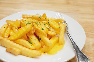 Crinkle Cut French Fries Topped with Melted Cheddar Cheese.