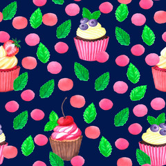 Sweet delicious watercolor pattern with cupcakes. Hand-drawn background.