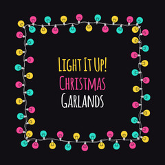 Cute Scandinavian Christmas design with hand drawn light bulb garlands on dark backround, template for banner, card or flyer, vector illustration