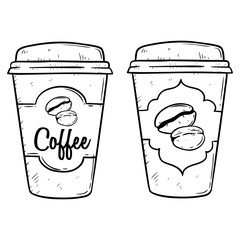 Set of coffee cup with doodle art on white background