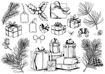 Szkic pudełko. Świąteczna kolekcja kokardek, prezentów i wiecznie zielonych gałęzi. Ręcznie rysowane ilustracji wektorowych. - 291673491
