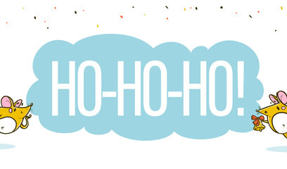 Vector Merry Christmas congratulation concept with ho-ho-ho text and hand drawn happy mice characters wave isolated. For stickers, prints, congratulation cards, present packaging, banners design.