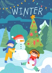 Colorful winter scene with kids and snowman in a forest with decorated tree and lights, cartoon vector illustration