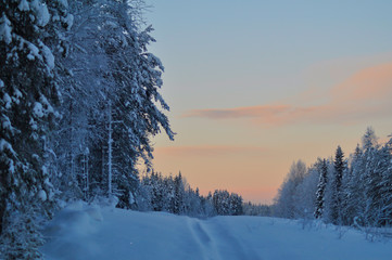 Snowy landscape in Finland. Finnish Lapland, behind the Arctic Circle. 