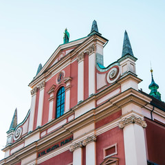 Ljubljana, Slovenia, August 5, 2019. Franciscan Church of the Annunciation (Slovene: Franciskanska cerkev Marijinega oznanjenja or commonly Franciskanska cerkev) 