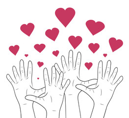 Linear illustration of human hands with hearts. International day of friendship and kindness. The unity of people. Vector element for cards, invitations, templates and your creativity.