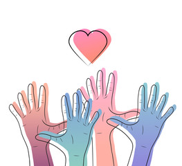 Linear illustration of color gradient human hands with hearts. International day of friendship and kindness. The unity of people. Vector element for cards, invitations, templates and your creativity.