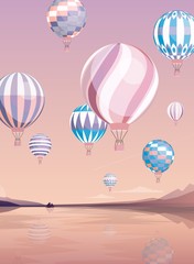 Flying air balloons flat vector illustration. Various aircrafts over river. Aerial transportation background. Hot air ballooning on picturesque landscape. Aerostat transport, soaring balloon in flight