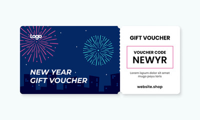 happy new year gift voucher card template design. city night sky with fire work artwork background coupon code promotion vector illustration