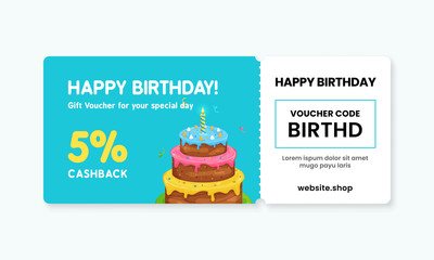 Birthday gift voucher card template design. 5% cashback coupon code promotion with birthday cake artwork background vector illustration.