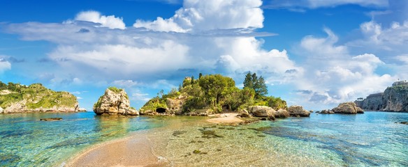 Panoramic view of Isola Bella, small island near Taormina, Sicily, Italy.