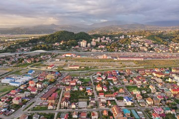Aerial panoramic view of the city at sunset