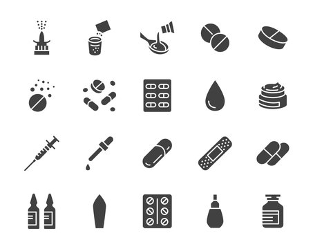 Drug, Pharmacy Medical Silhouette Flat Icons. Vector Glyph Illustration Included Icon as Effervescent Pills, Cough Syrup Bottle, Gel, Antibiotic Capsule and other Pharmaceutical Pictogram