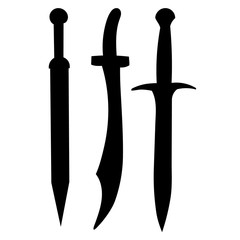  isolated, black silhouette of a weapon, sword, saber, set, collection