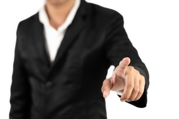 Close up hand of a business man is touching the emptiness ahead for business or technology concept.